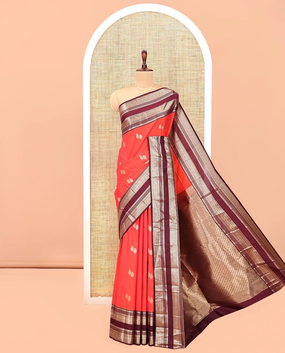 Orange-Brown Budget Silk Saree, Enriched with Leaf Zari Buttas, Contrast Rettai Pettu Traditional Zari Design Border, Grand Jaal Pallu, and Contrast Blouse - Image 3