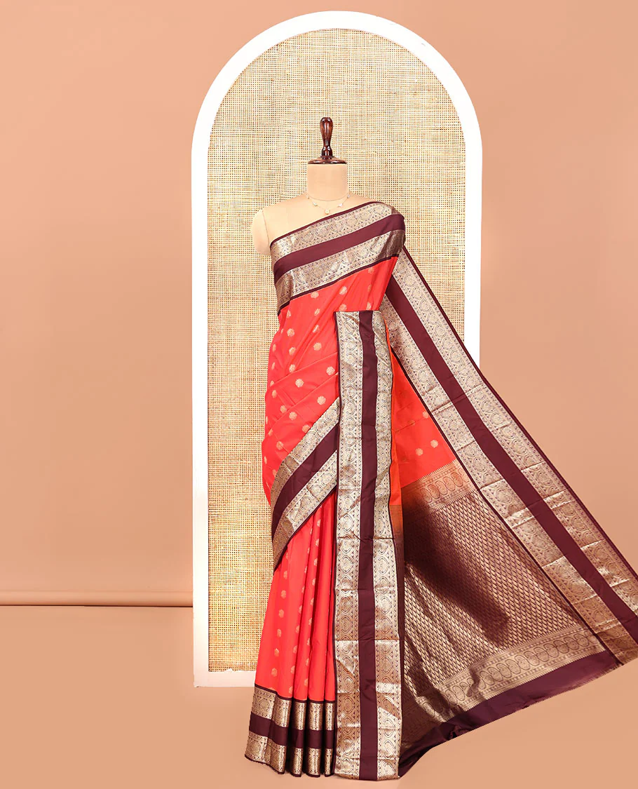 Orange-Brown Budget Silk Saree Features Zari Buttas, Complemented by Contrast Rettai Pettu Traditional Zari Border, Paisleys Pallu, and a Contrast Blouse - Image 3
