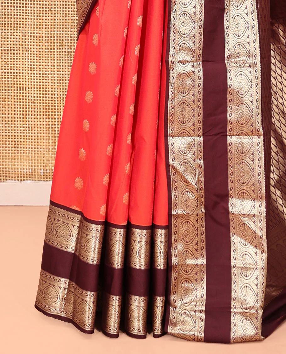 Orange-Brown Budget Silk Saree Features Zari Buttas, Complemented by Contrast Rettai Pettu Traditional Zari Border, Paisleys Pallu, and a Contrast Blouse - Image 5