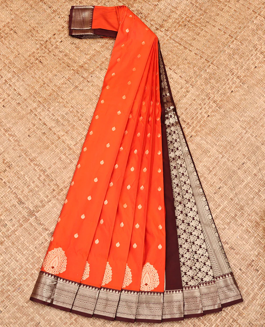 Orange Budget Silk Saree, Accentuated with Zari Buttas All Over Its Body, Complemented by a Contrast Traditional Zari Design Border, Intricately Designed Pallu, and Paired with a Contrast Blouse - Image 2