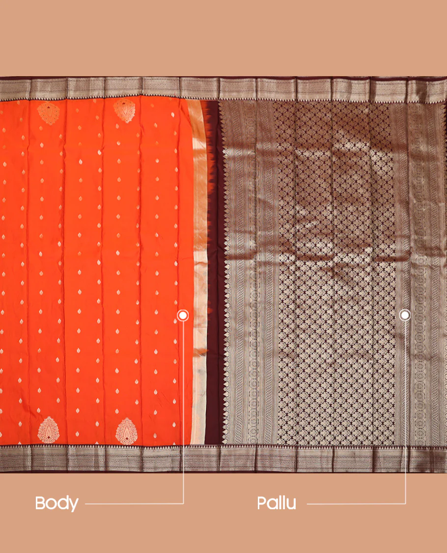Orange Budget Silk Saree, Accentuated with Zari Buttas All Over Its Body, Complemented by a Contrast Traditional Zari Design Border, Intricately Designed Pallu, and Paired with a Contrast Blouse - Image 3