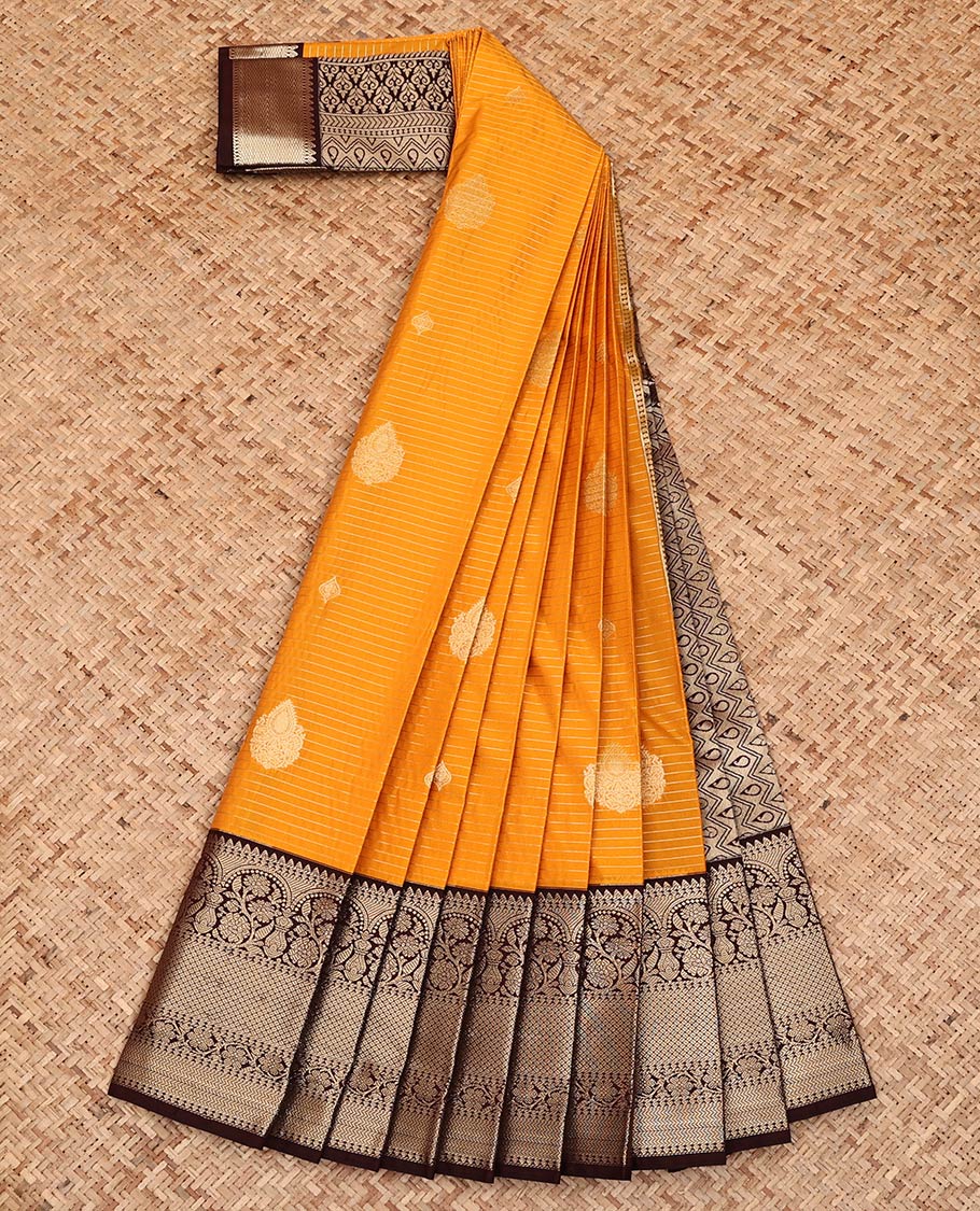 Orange Budget Silk Saree, Accentuated with Zari Buttas and Stripes on Its Body, Complemented by a Contrast Traditional Zari Design Border, a Grand Pallu of Paisley and Chevron Designs, and Paired with a Contrast Blouse - Image 2
