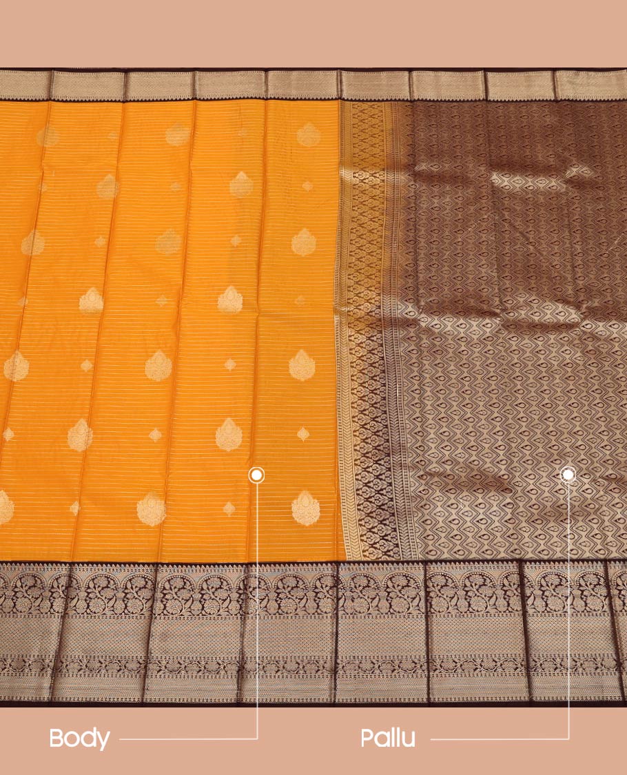Orange Budget Silk Saree, Accentuated with Zari Buttas and Stripes on Its Body, Complemented by a Contrast Traditional Zari Design Border, a Grand Pallu of Paisley and Chevron Designs, and Paired with a Contrast Blouse - Image 3