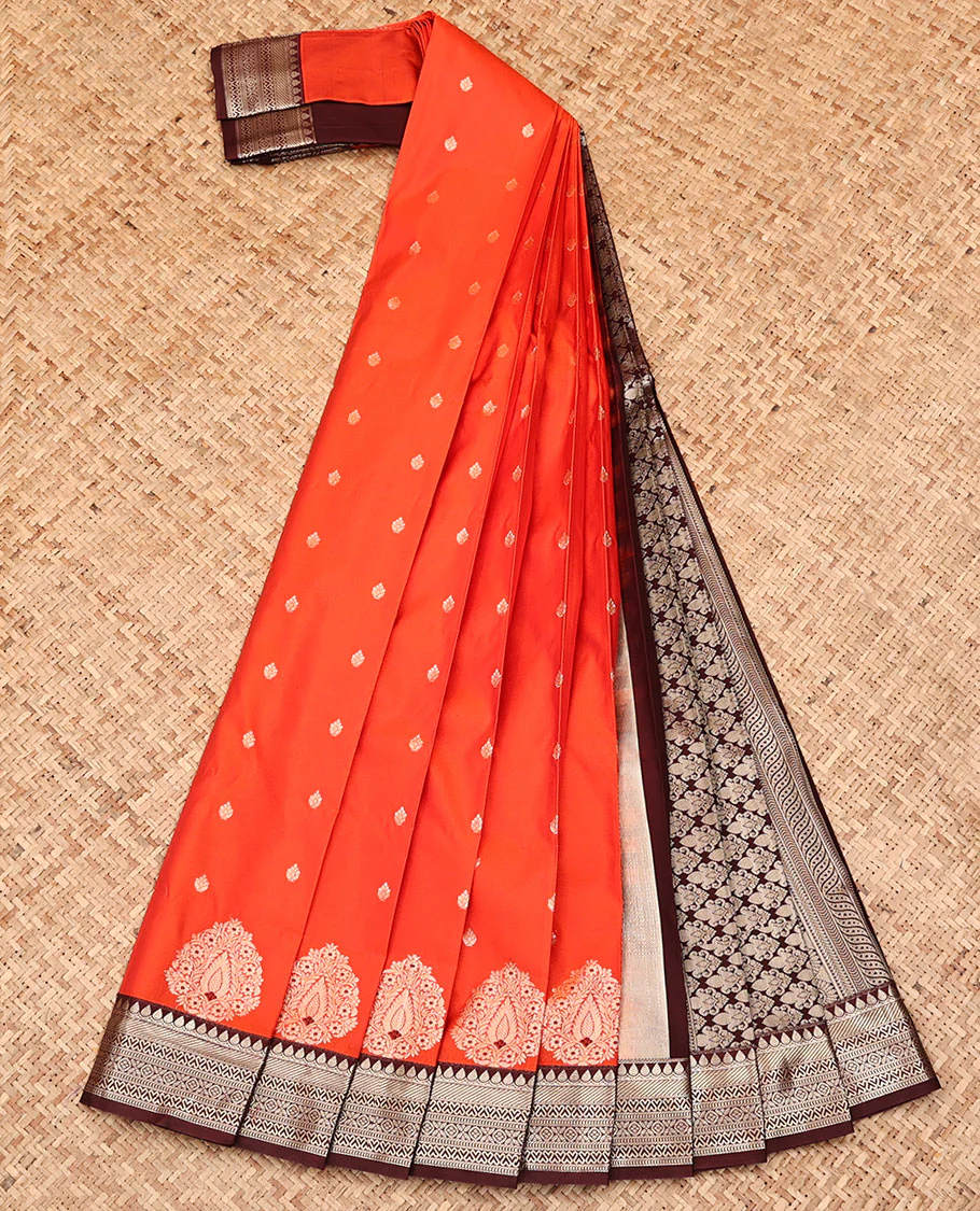 Orange Budget Silk Saree, Adorned with Zari Buttas All Over Its Body, Complemented by a Contrast Traditional Zari Design Border, Intricately Designed Pallu, and Paired with a Contrast Blouse - Image 2