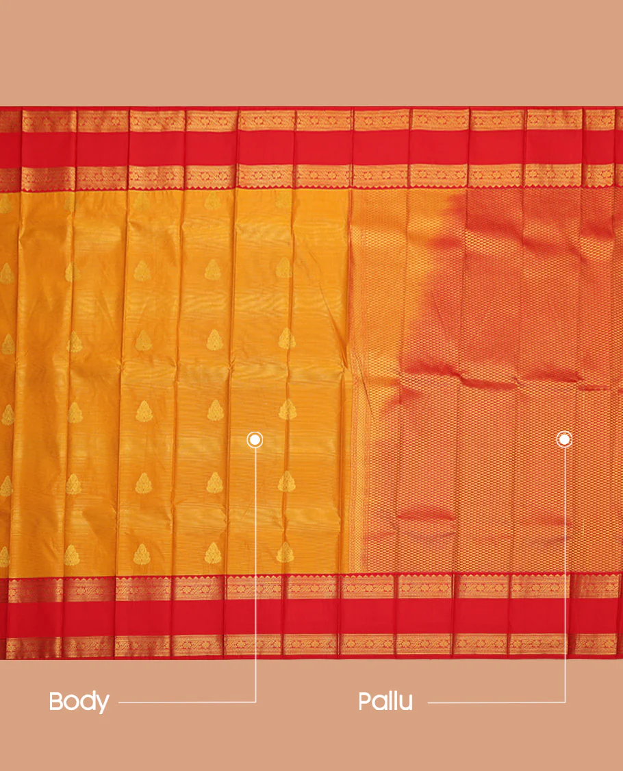 Orange Budget Silk Saree, Beautified with Zari Buttas and Stripes, Complemented by a Contrast Traditional Zari Design Rettai Pettu Border, Grand Pallu, and a Contrast Blouse - Image 3