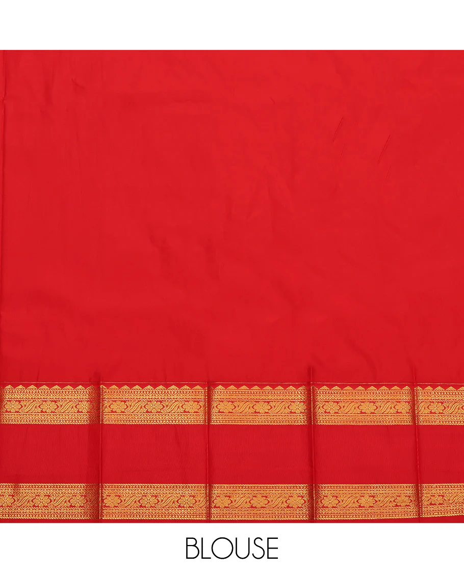 Orange Budget Silk Saree, Beautified with Zari Buttas and Stripes, Complemented by a Contrast Traditional Zari Design Rettai Pettu Border, Grand Pallu, and a Contrast Blouse - Image 4