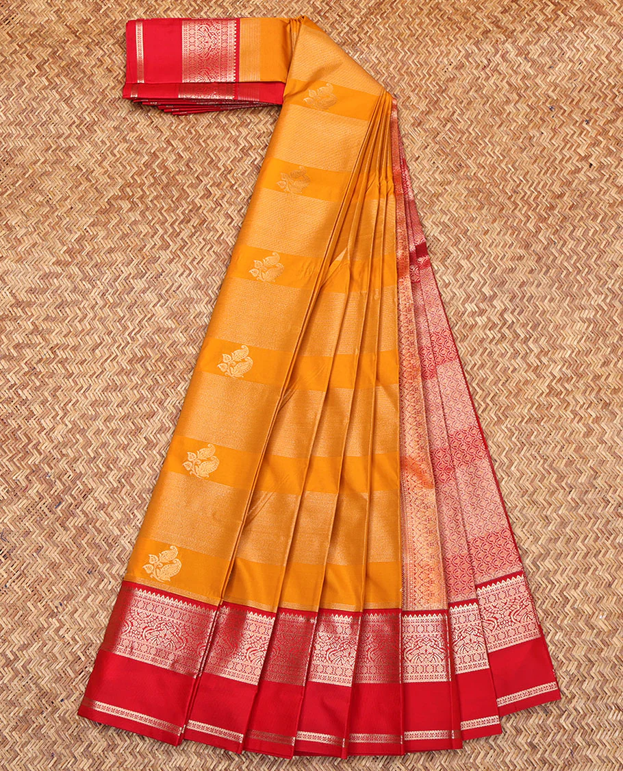 Orange Budget Silk Saree, Beautified with Zari Buttas and Stripes on Its Body, Complemented by a Contrast Traditional Zari Designs Woven Rettai Pettu Border, Grand Pallu, and Paired with a Contrast Blouse - Image 2