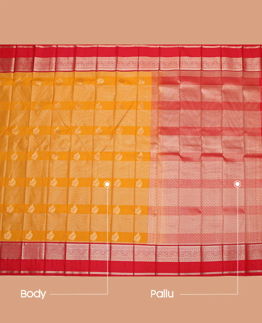 Orange Budget Silk Saree, Beautified with Zari Buttas and Stripes on Its Body, Complemented by a Contrast Traditional Zari Designs Woven Rettai Pettu Border, Grand Pallu, and Paired with a Contrast Blouse - Image 3