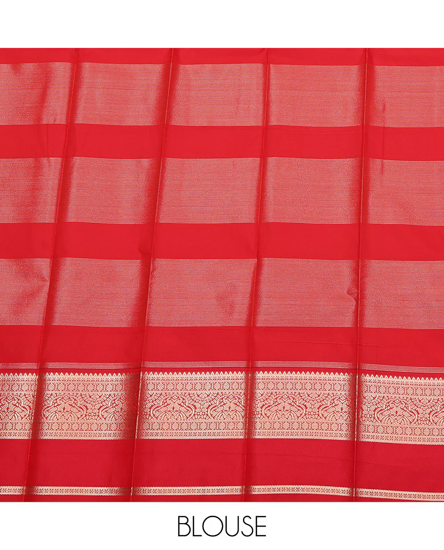 Orange Budget Silk Saree, Beautified with Zari Buttas and Stripes on Its Body, Complemented by a Contrast Traditional Zari Designs Woven Rettai Pettu Border, Grand Pallu, and Paired with a Contrast Blouse - Image 4