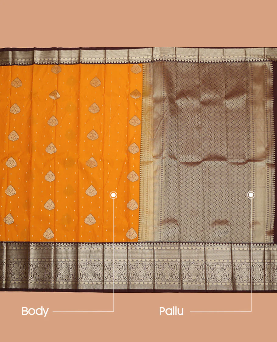 Orange Budget Silk Saree, Beautifully Bedecked with Zari Buttas All Over Its Body, Complemented by a Contrast Traditional Zari Design Border, Grand Jaal Pallu, and Paired with a Contrast Blouse - Image 3