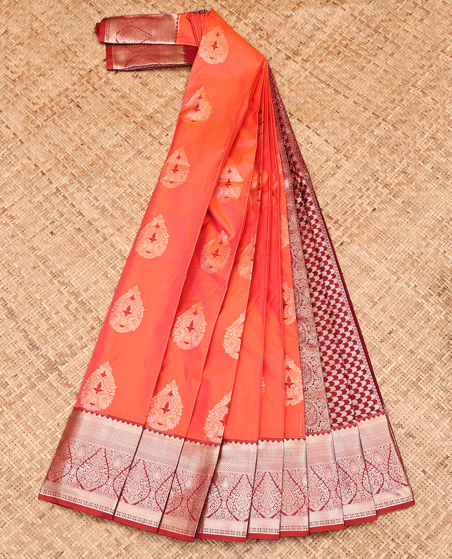 Orange Budget Silk Saree, Beautifully Bedecked with Zari Buttas, Complemented by a Contrast Traditional Zari Design Border, Grand Geometric Pallu, and Paired with a Contrast Blouse - Image 2