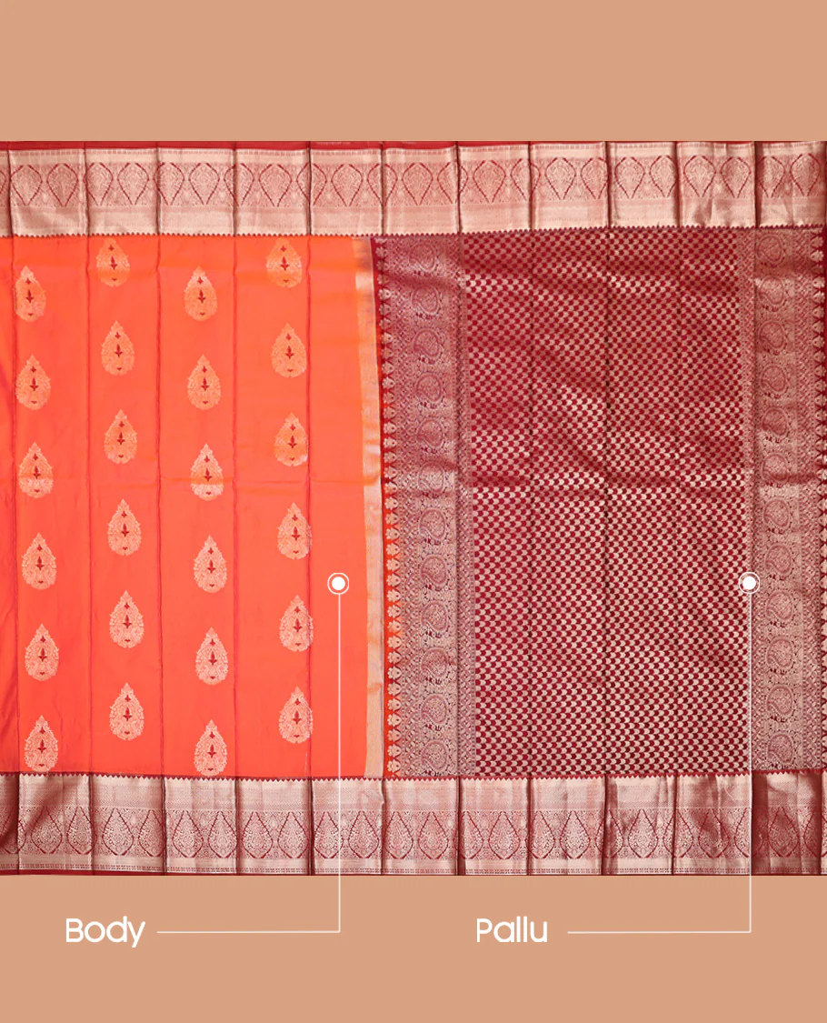 Orange Budget Silk Saree, Beautifully Bedecked with Zari Buttas, Complemented by a Contrast Traditional Zari Design Border, Grand Geometric Pallu, and Paired with a Contrast Blouse - Image 3