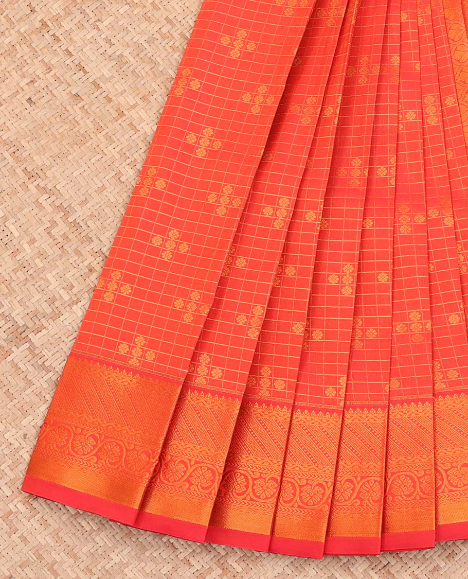 Orange Budget Silk Saree, Bedecked with Zari Buttas and Checks All Over Its Body, Highlighted by a Traditional Zari Design Border, Ogee-Patterned Pallu, and Paired with a Matching Blouse