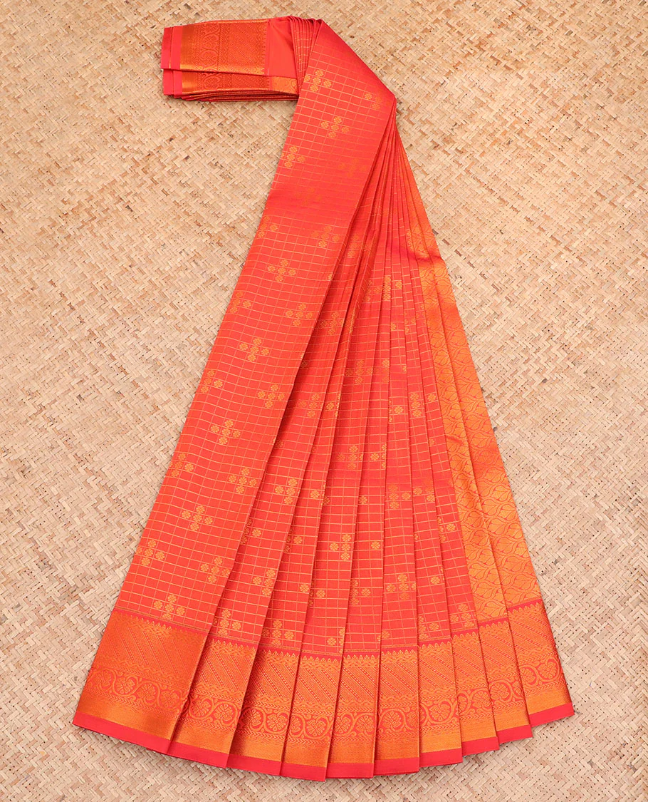 Orange Budget Silk Saree, Bedecked with Zari Buttas and Checks All Over Its Body, Highlighted by a Traditional Zari Design Border, Ogee-Patterned Pallu, and Paired with a Matching Blouse - Image 2