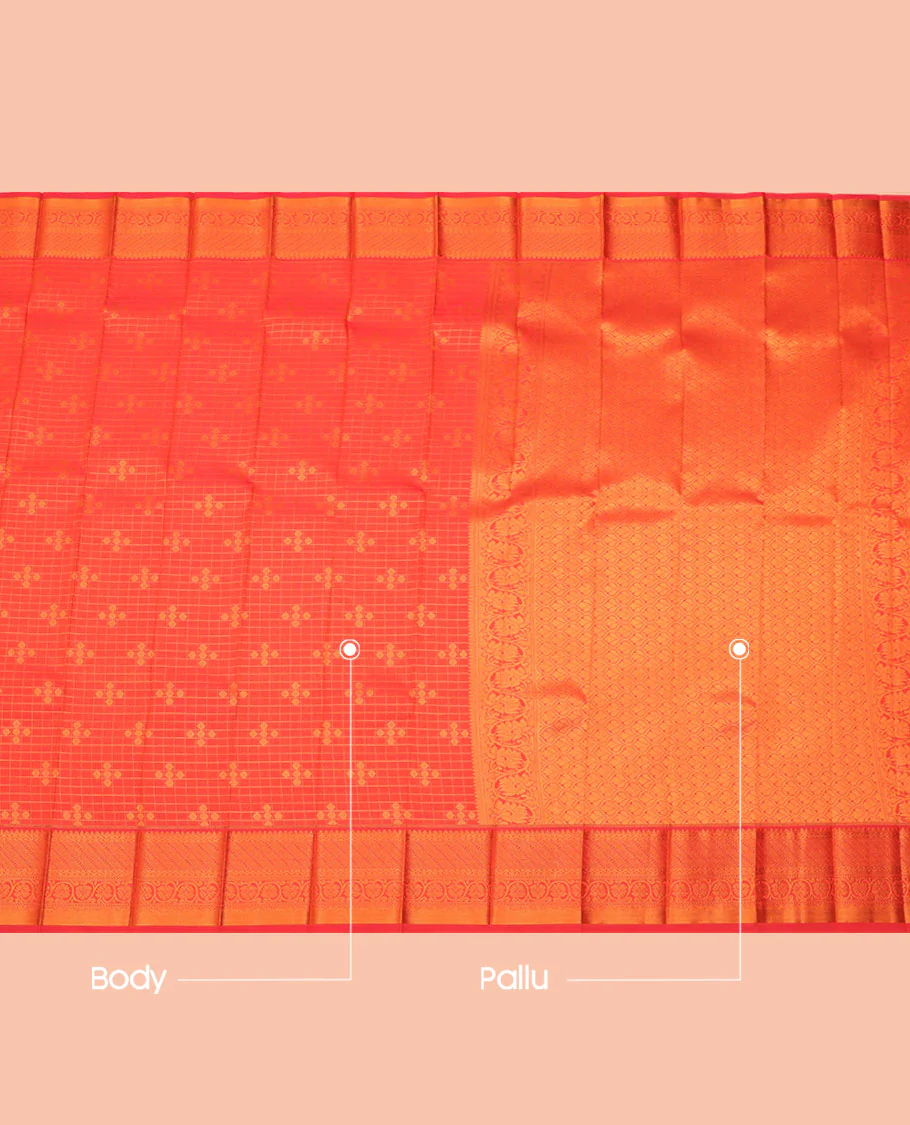Orange Budget Silk Saree, Bedecked with Zari Buttas and Checks All Over Its Body, Highlighted by a Traditional Zari Design Border, Ogee-Patterned Pallu, and Paired with a Matching Blouse - Image 3
