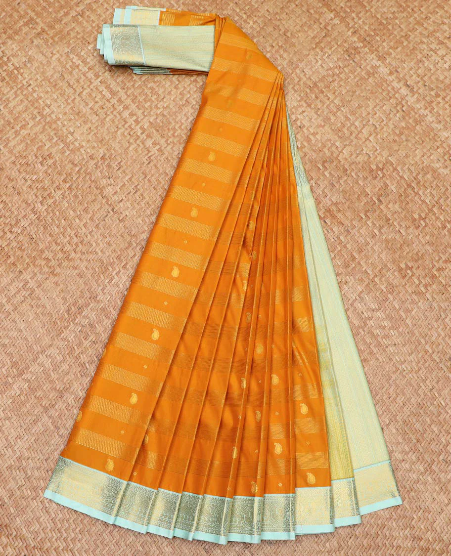 Orange Budget Silk Saree Bedecked with Zari Stripes and Paisley Buttas, Complemented by a Contrast Border of Traditional Zari Designs, Subtly Designed Pallu of Stripes, and Paired with a Contrast Blouse - Image 2