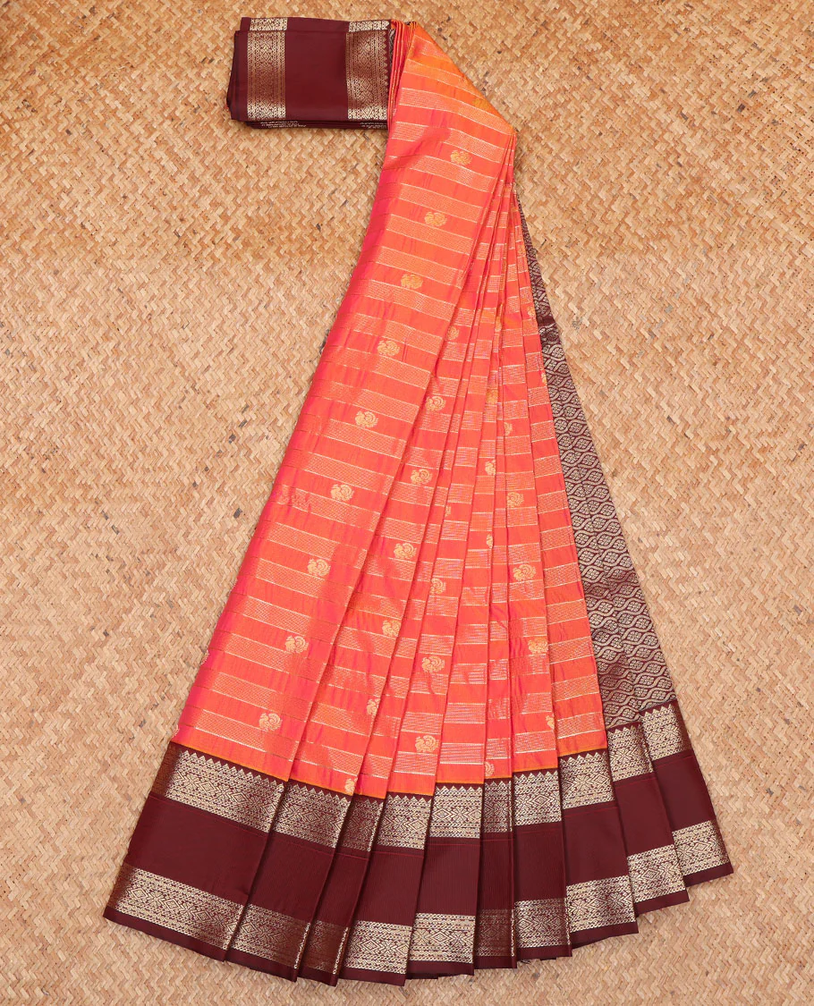 Orange Budget Silk Saree, Bedecked with Zari Stripes and Peacock Buttas on Its Body, Complemented by Contrast Traditional Zari Design Rettai Pettu Border, Opulently Embellished Pallu, and Paired with a Contrast Blouse - Image 2