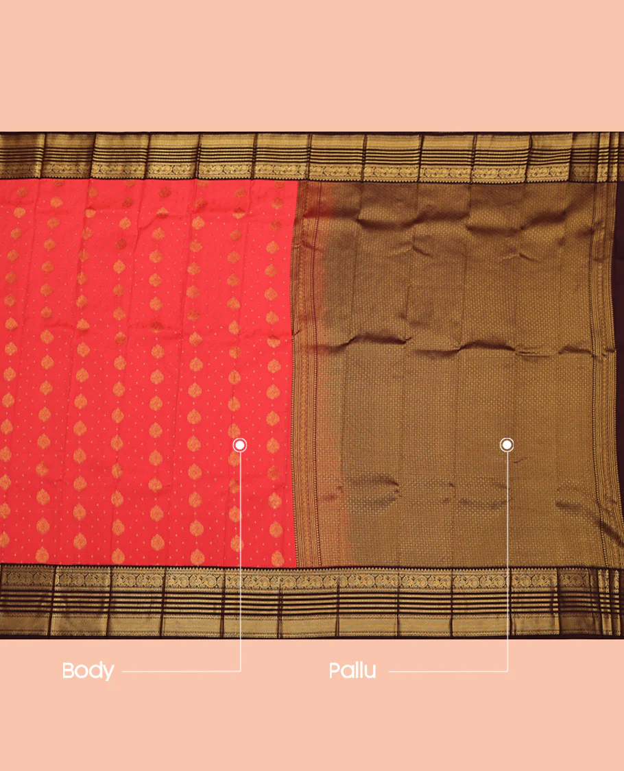 Orange Budget Silk Saree, Boldly Accentuated with Zari Buttas All Over Its Body, Complemented by a Contrast Traditional Zari Design Border, Grand Jaal Pallu, and Paired with a Contrast Blouse - Image 3
