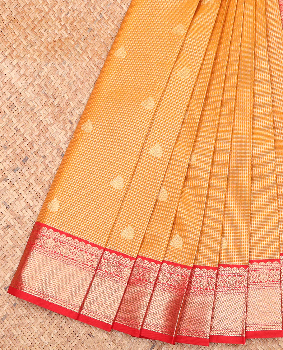 Orange Budget Silk Saree, Charmingly Accented with Zari Buttas and Micro-Checks on Its Body, Complemented by a Contrast Traditional Zari Design Border, Jaal Pallu, and Paired with a Contrast Blouse