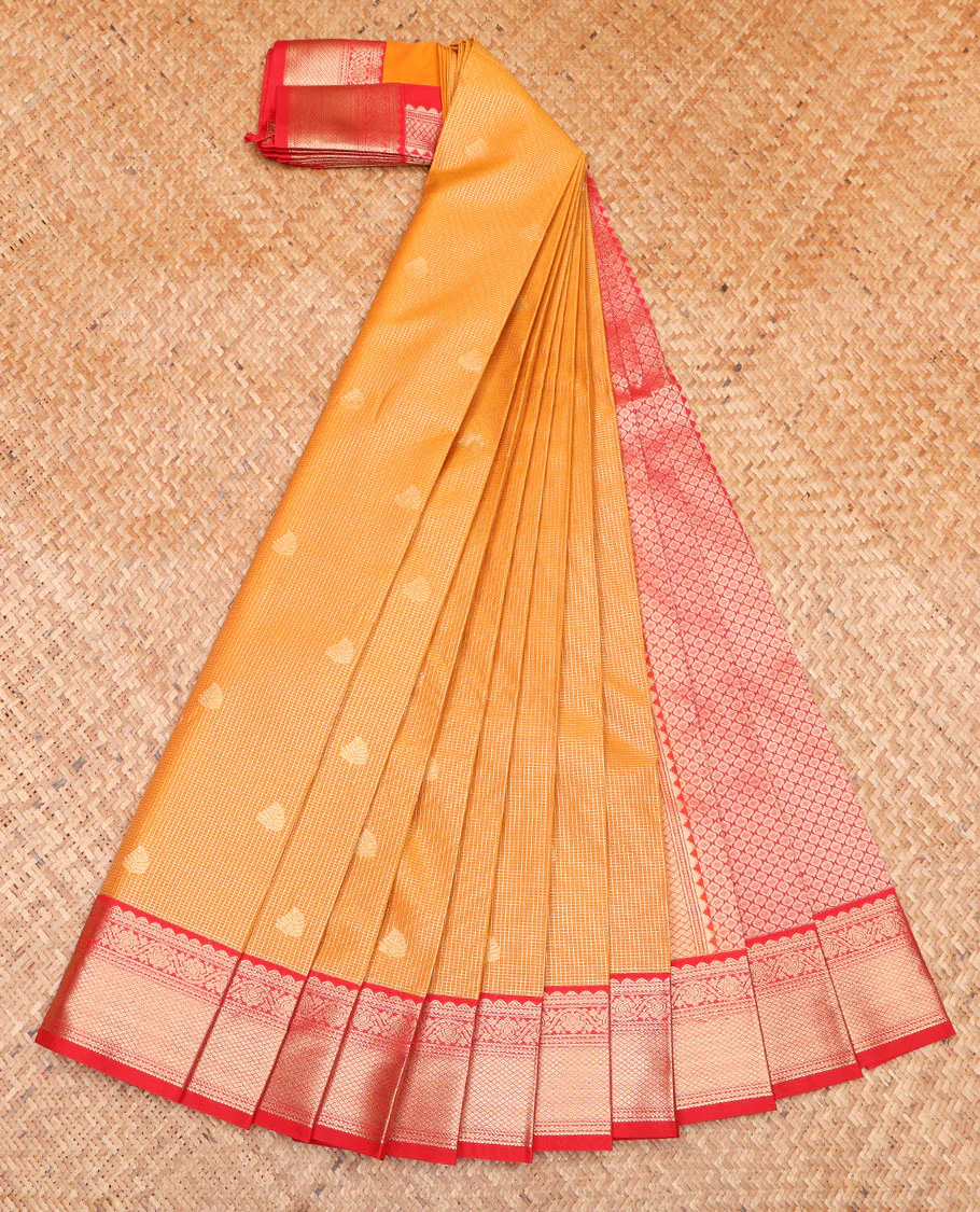 Orange Budget Silk Saree, Charmingly Accented with Zari Buttas and Micro-Checks on Its Body, Complemented by a Contrast Traditional Zari Design Border, Jaal Pallu, and Paired with a Contrast Blouse - Image 2