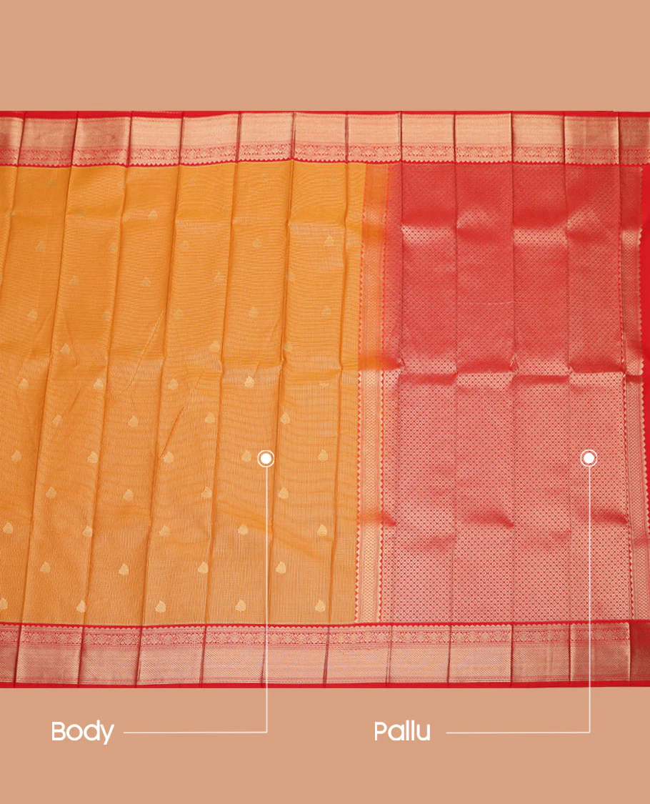 Orange Budget Silk Saree, Charmingly Accented with Zari Buttas and Micro-Checks on Its Body, Complemented by a Contrast Traditional Zari Design Border, Jaal Pallu, and Paired with a Contrast Blouse - Image 3