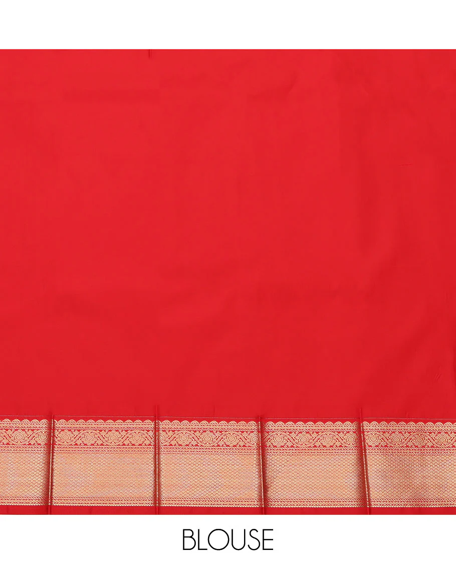 Orange Budget Silk Saree, Charmingly Accented with Zari Buttas and Micro-Checks on Its Body, Complemented by a Contrast Traditional Zari Design Border, Jaal Pallu, and Paired with a Contrast Blouse - Image 4