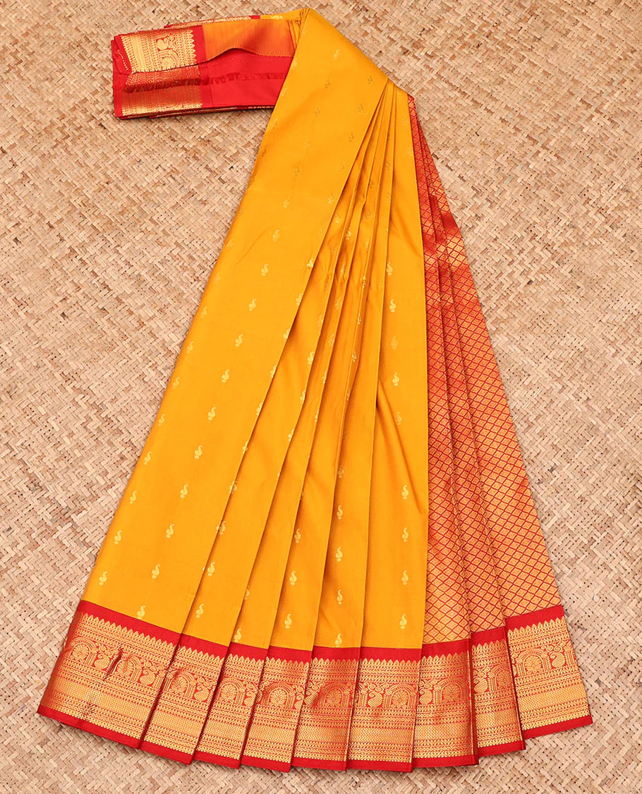 Orange Budget Silk Saree, Crafted with Zari Buttas All Over Its Body, Complemented by a Contrast Traditional Zari Design Border, Grand Jaal Pallu, and Paired with a Contrast Blouse - Image 2