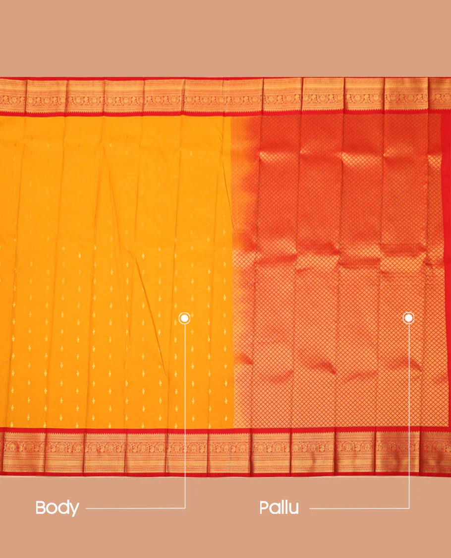 Orange Budget Silk Saree, Crafted with Zari Buttas All Over Its Body, Complemented by a Contrast Traditional Zari Design Border, Grand Jaal Pallu, and Paired with a Contrast Blouse - Image 3