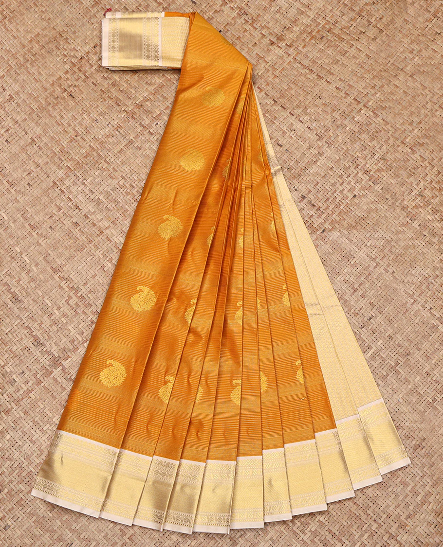 Orange Budget Silk Saree, Delicately Woven with Paisley Buttas and Stripes on Its Body, Complemented by a Contrast Traditional Zari Design Border, Grand Pallu, and Paired with a Contrast Blouse - Image 2