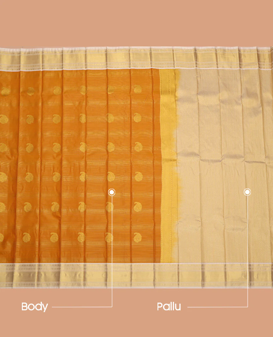 Orange Budget Silk Saree, Delicately Woven with Paisley Buttas and Stripes on Its Body, Complemented by a Contrast Traditional Zari Design Border, Grand Pallu, and Paired with a Contrast Blouse - Image 3
