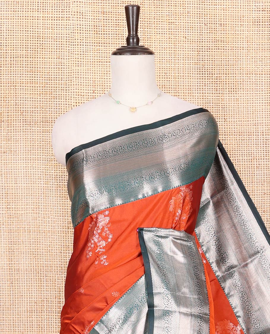 Orange Budget Silk Saree, Detailed with Zari Buttas All Over Its Body, Complemented by a Contrast Traditional Zari Design Border, Grand Chevron Striped Pallu, and Paired with a Contrast Blouse - Image 2