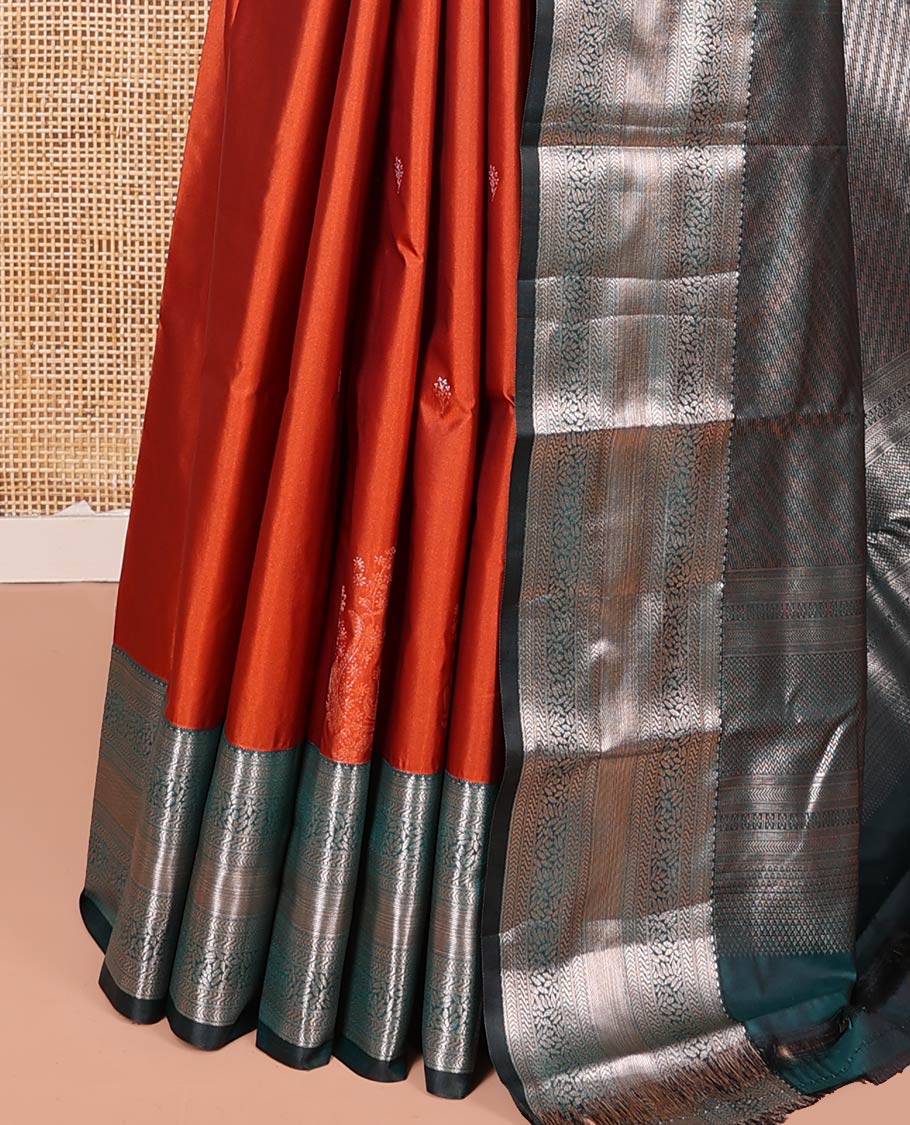 Orange Budget Silk Saree, Detailed with Zari Buttas All Over Its Body, Complemented by a Contrast Traditional Zari Design Border, Grand Chevron Striped Pallu, and Paired with a Contrast Blouse - Image 3