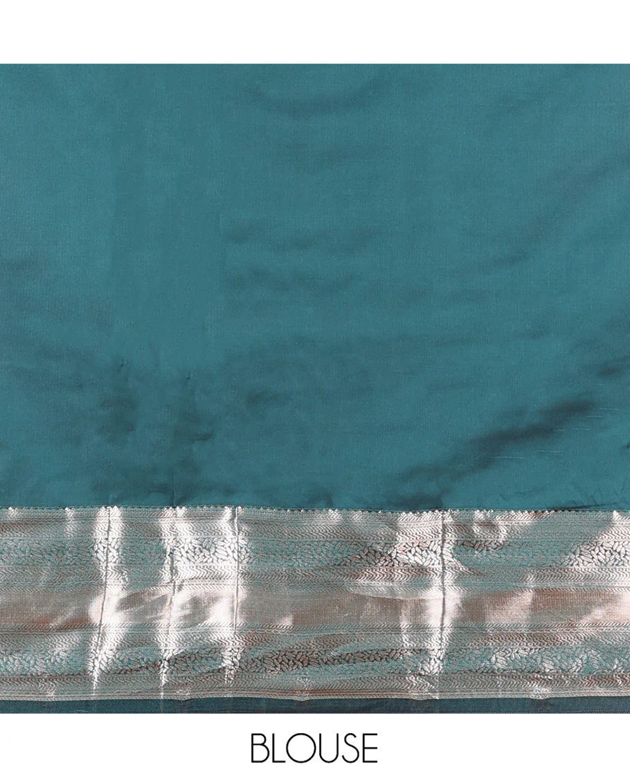 Orange Budget Silk Saree, Detailed with Zari Buttas All Over Its Body, Complemented by a Contrast Traditional Zari Design Border, Grand Chevron Striped Pallu, and Paired with a Contrast Blouse - Image 4