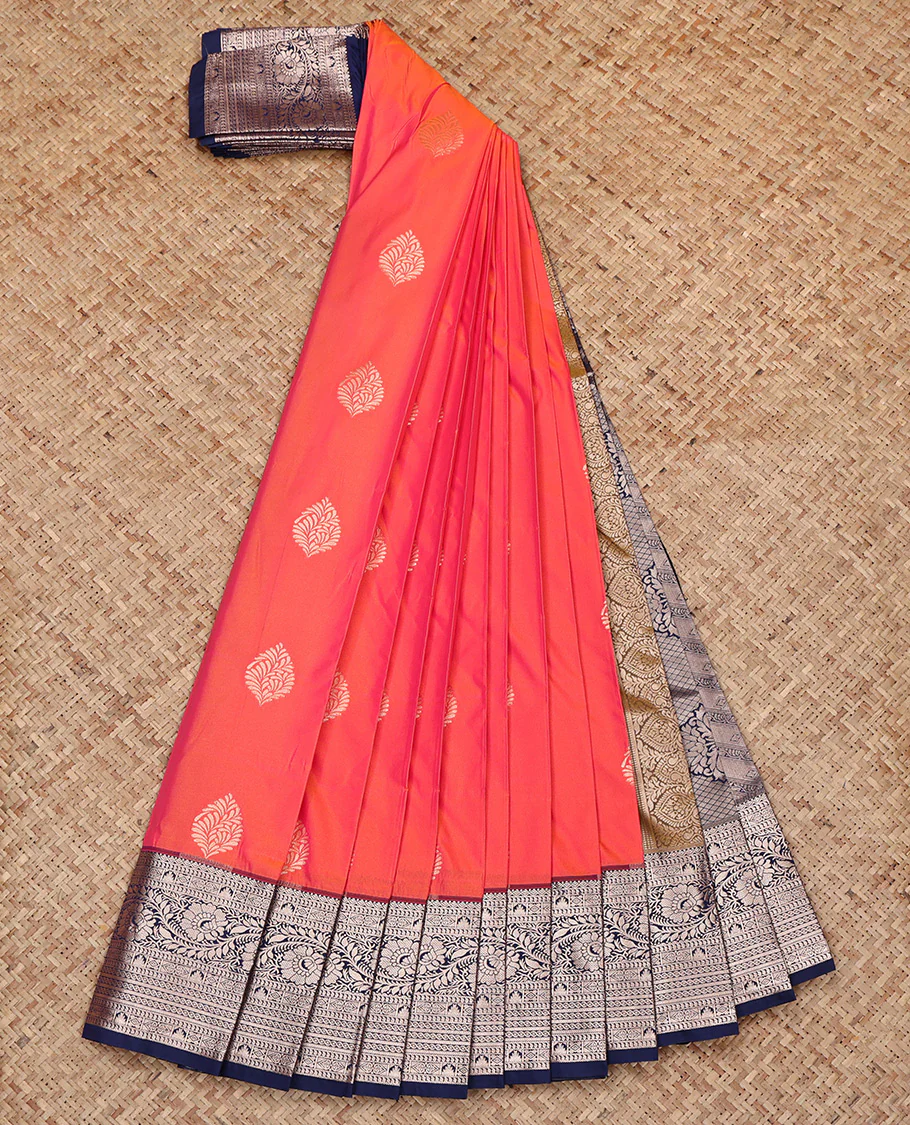 Orange Budget Silk Saree, Detailed with Zari Buttas All Over Its Body, Complemented by a Contrast Traditional Zari Design Border, Intricate Pallu, and Paired with a Contrast Blouse - Image 2