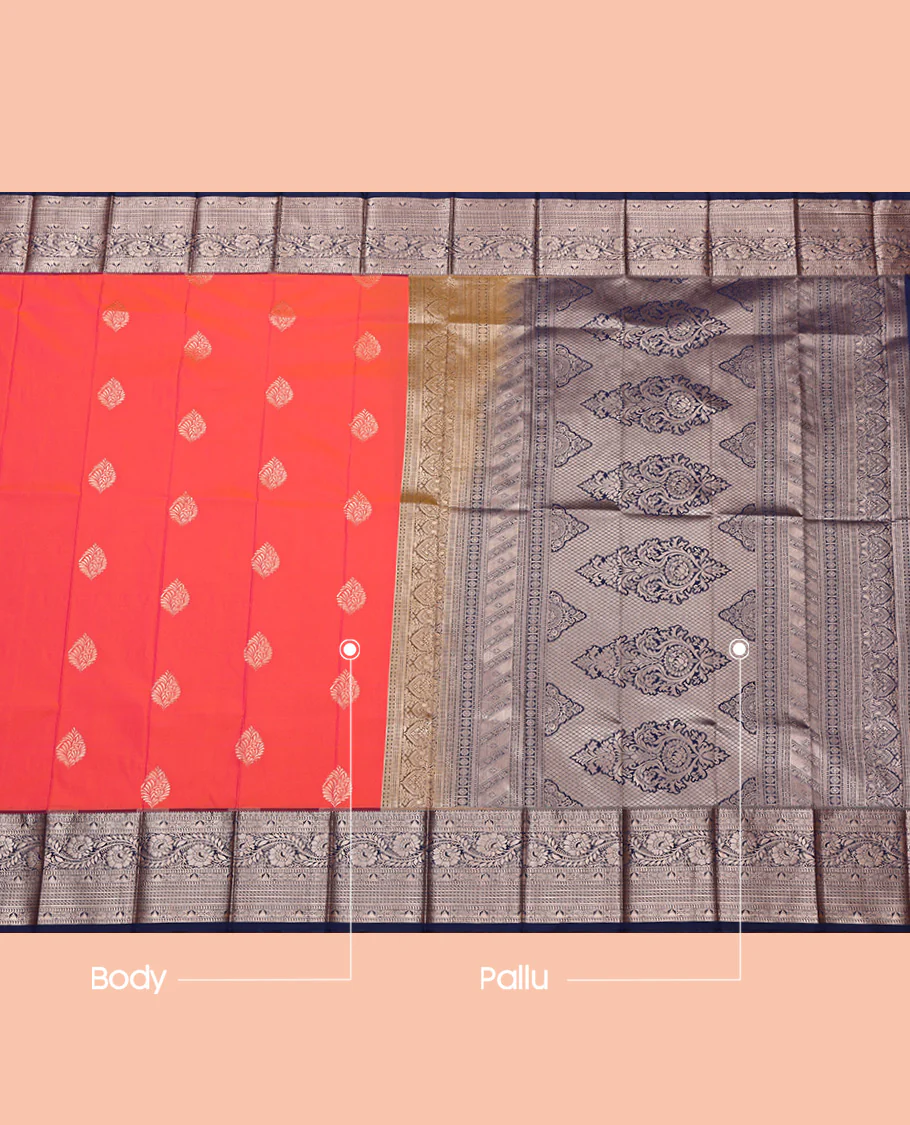 Orange Budget Silk Saree, Detailed with Zari Buttas All Over Its Body, Complemented by a Contrast Traditional Zari Design Border, Intricate Pallu, and Paired with a Contrast Blouse - Image 3