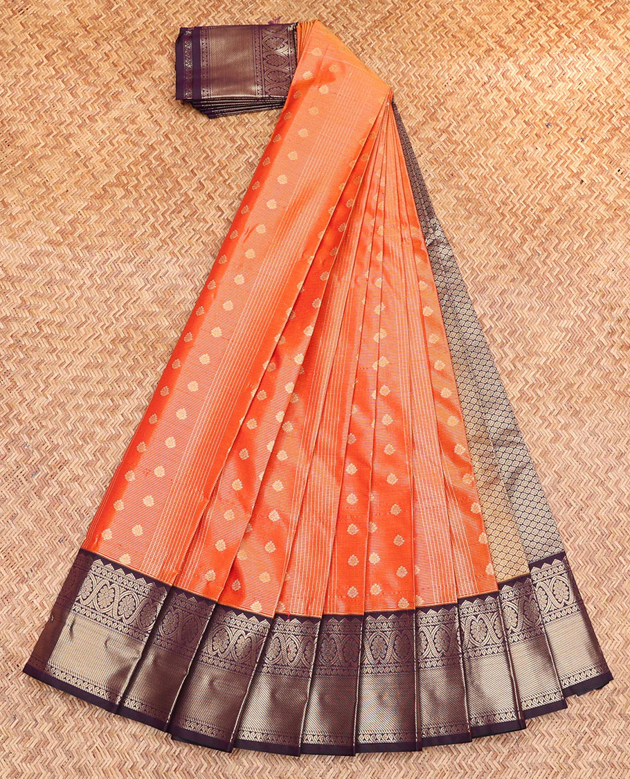Orange Budget Silk Saree, Detailed with Zari Buttas and Stripes, Contrast Traditional Zari Border, Grand Jaal Pallu, and a Contrast Blouse - Image 2