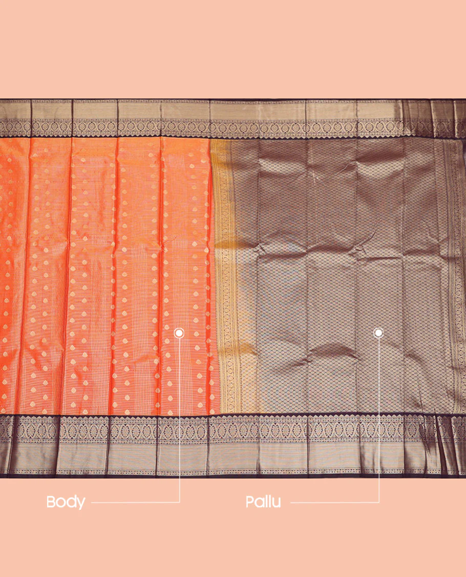 Orange Budget Silk Saree, Detailed with Zari Buttas and Stripes, Contrast Traditional Zari Border, Grand Jaal Pallu, and a Contrast Blouse - Image 3