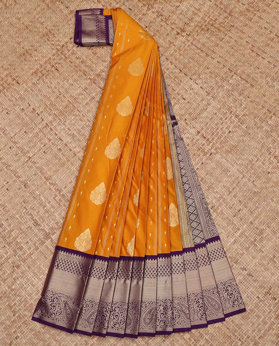 Orange Budget Silk Saree, Detailed with Zari Buttas and Stripes on Its Body, Complemented by a Contrast Traditional Zari Design Border, Grand Jaal Pallu, and Paired with a Contrast Blouse - Image 2