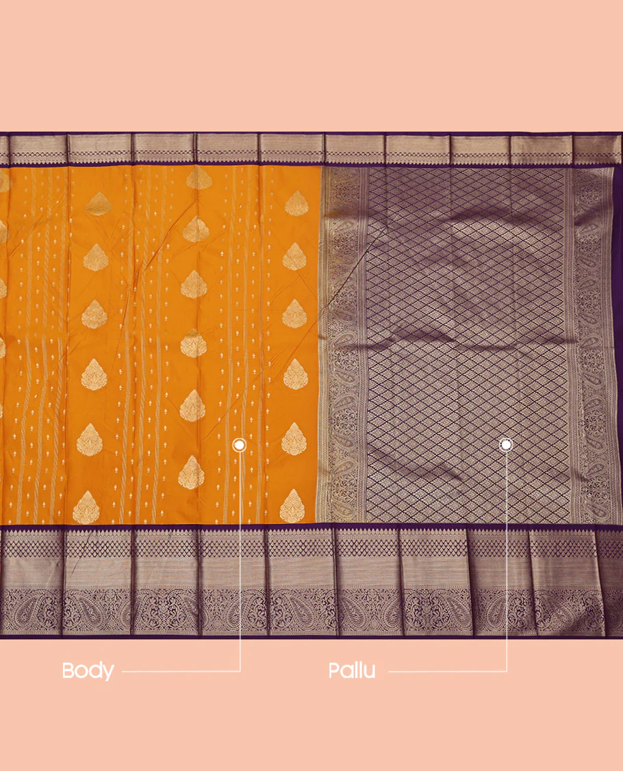 Orange Budget Silk Saree, Detailed with Zari Buttas and Stripes on Its Body, Complemented by a Contrast Traditional Zari Design Border, Grand Jaal Pallu, and Paired with a Contrast Blouse - Image 3