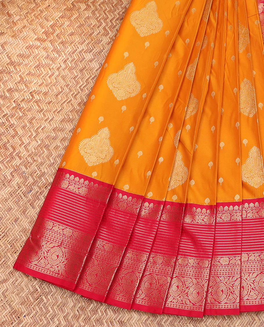 Orange Budget Silk Saree, Detailed with Zari Buttas, Complemented by a Contrast Traditional Zari Design Border, Grand Jaal Pallu, and a Contrast Blouse