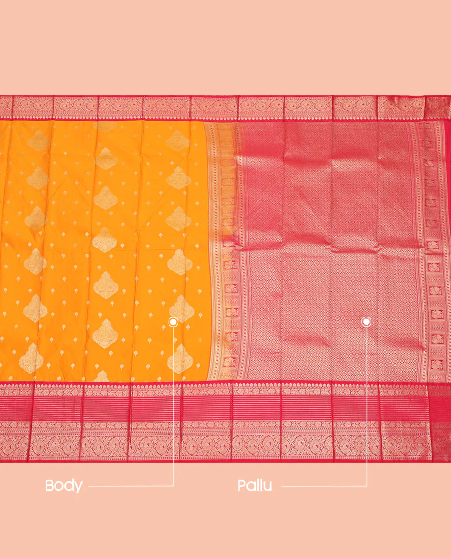 Orange Budget Silk Saree, Detailed with Zari Buttas, Complemented by a Contrast Traditional Zari Design Border, Grand Jaal Pallu, and a Contrast Blouse - Image 3