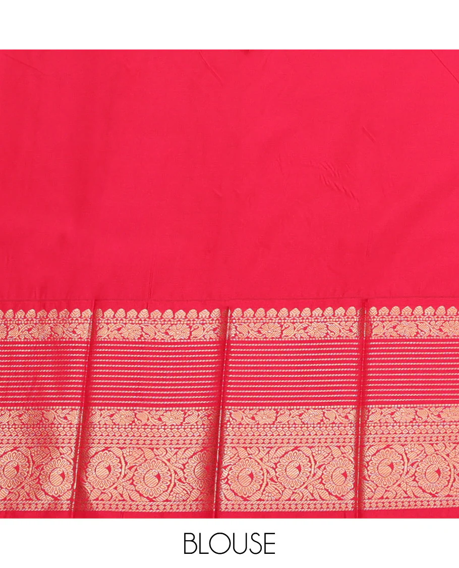 Orange Budget Silk Saree, Detailed with Zari Buttas, Complemented by a Contrast Traditional Zari Design Border, Grand Jaal Pallu, and a Contrast Blouse - Image 4