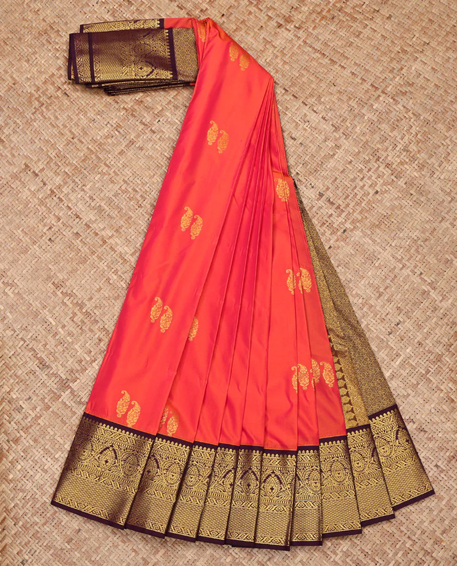 Orange Budget Silk Saree, Detailed with Zari Buttas on Its Body, Complemented by a Contrast Traditional Zari Design Border, Pallu of Jaal Designs, and Paired with a Contrast Blouse - Image 2