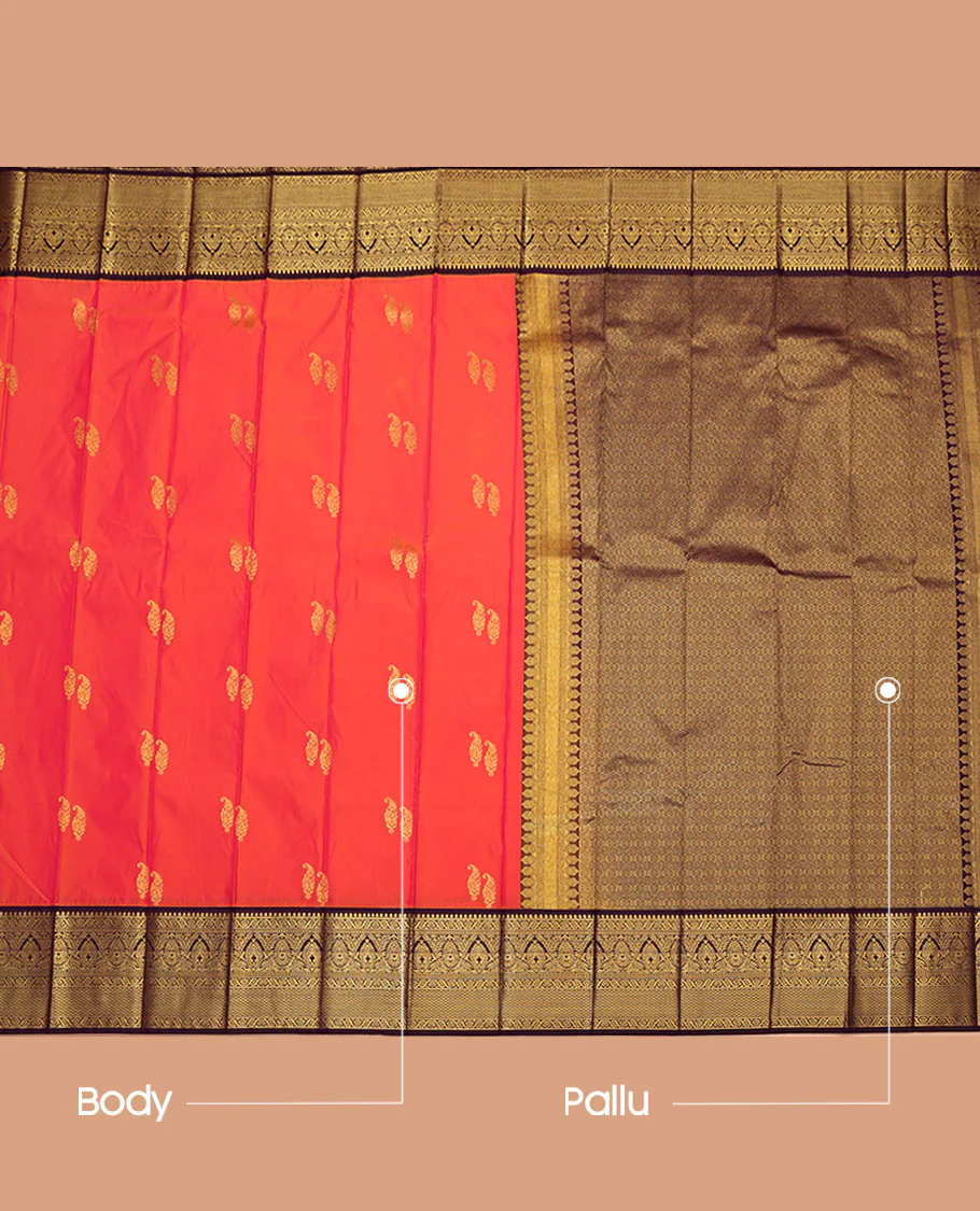 Orange Budget Silk Saree, Detailed with Zari Buttas on Its Body, Complemented by a Contrast Traditional Zari Design Border, Pallu of Jaal Designs, and Paired with a Contrast Blouse - Image 3