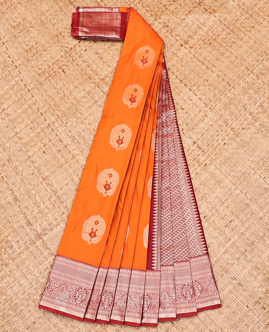 Orange Budget Silk Saree, Elegantly Bedecked with Zari Buttas, Complemented by a Contrast Traditional Zari Design Border, Grand Geometric Pallu, and Paired with a Contrast Blouse - Image 2