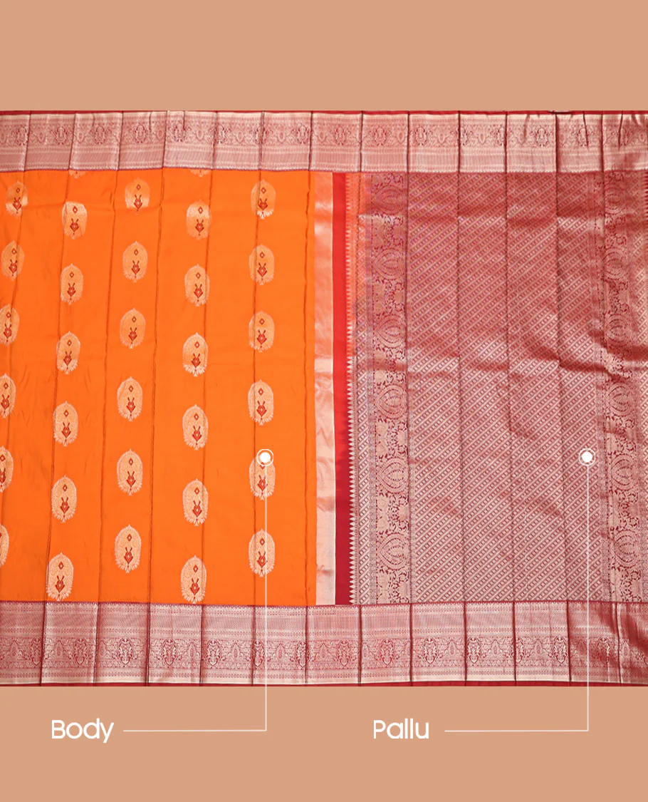 Orange Budget Silk Saree, Elegantly Bedecked with Zari Buttas, Complemented by a Contrast Traditional Zari Design Border, Grand Geometric Pallu, and Paired with a Contrast Blouse - Image 3
