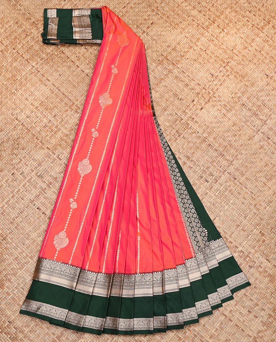 Orange Budget Silk Saree, Elevated with Zari Buttas, Complemented by a Contrast Traditional Zari Rettai Pettu Border, Grand Jaal Pallu, and a Contrast Blouse - Image 2
