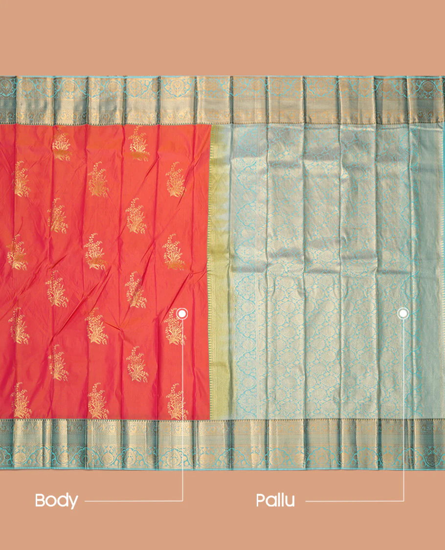 Orange Budget Silk Saree, Elevated with Zari Buttas, Contrast Traditional Zari Border, Grand Pallu, and a Contrast Blouse - Image 3