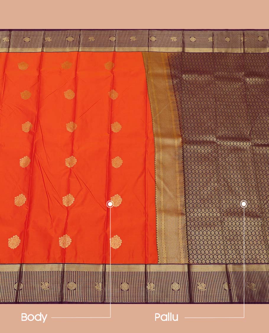 Orange Budget Silk Saree, Embellished with Zari Buttas All Over Its Body, Complemented by a Contrast Checked Zari Border of Peacock-Chakram Designs, Intricately Designed Pallu, and Paired with a Contrast Blouse - Image 3