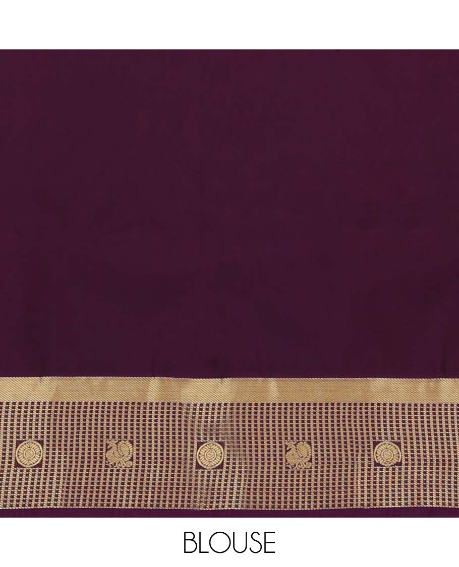 Orange Budget Silk Saree, Embellished with Zari Buttas All Over Its Body, Complemented by a Contrast Checked Zari Border of Peacock-Chakram Designs, Intricately Designed Pallu, and Paired with a Contrast Blouse - Image 4